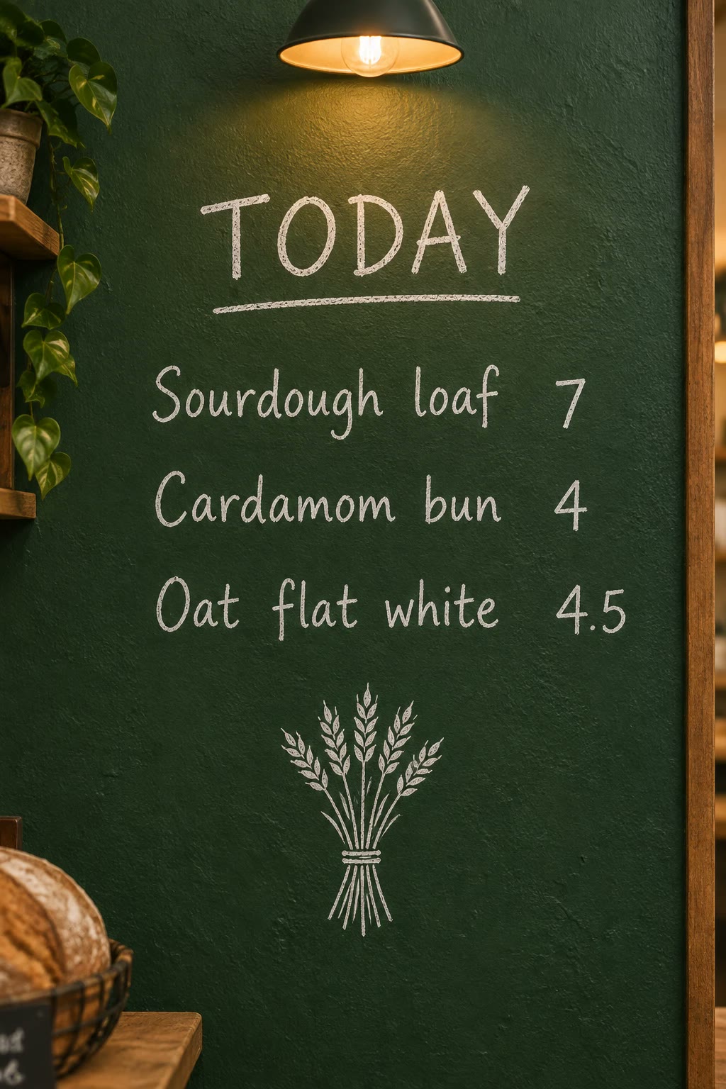 A chalk menu on a dark green wall reading Today, Sourdough loaf 7, Cardamom bun 4, Oat flat white 4.5