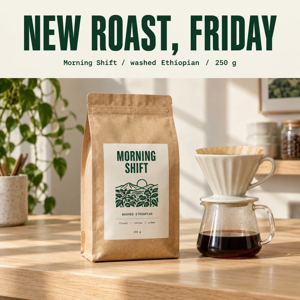 A social post reading New Roast, Friday above a kraft coffee bag labelled Morning Shift beside a pour-over