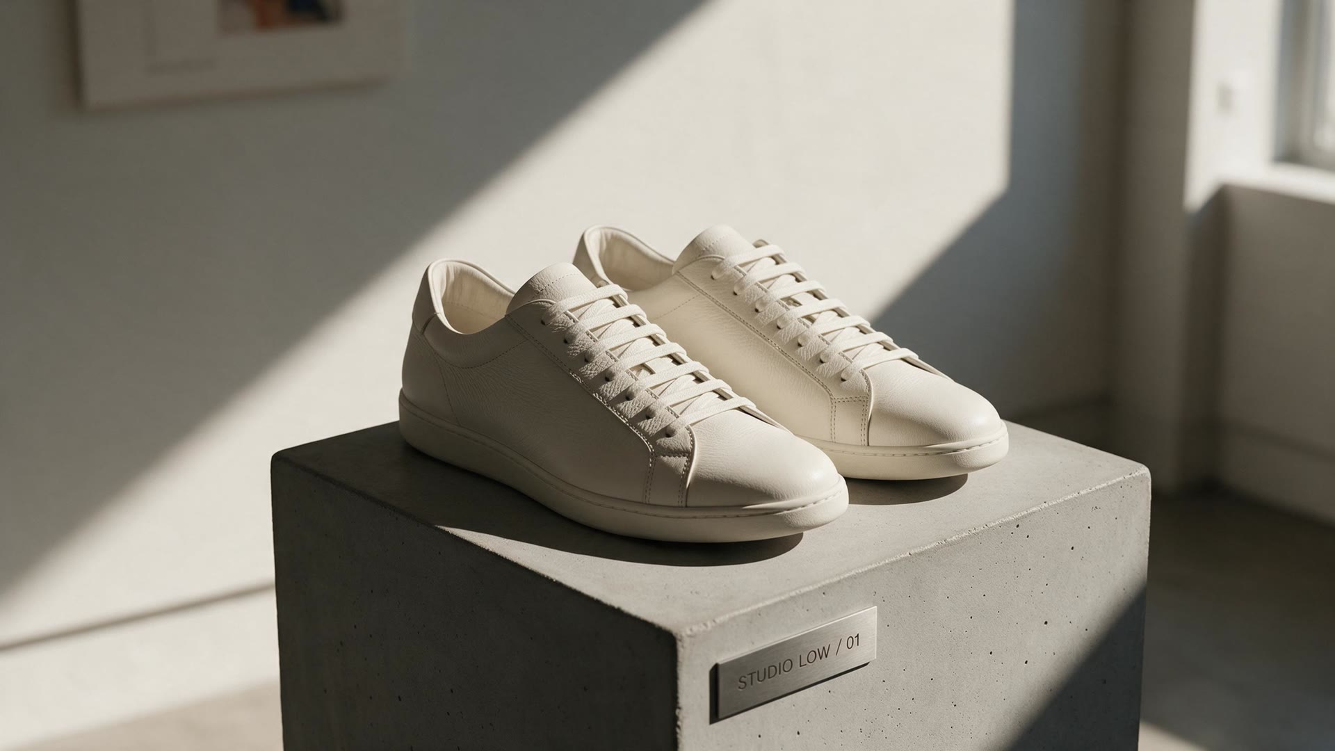 A pair of off-white leather trainers on a concrete plinth in a sunlit gallery, with a small steel plaque reading Studio Low / 01