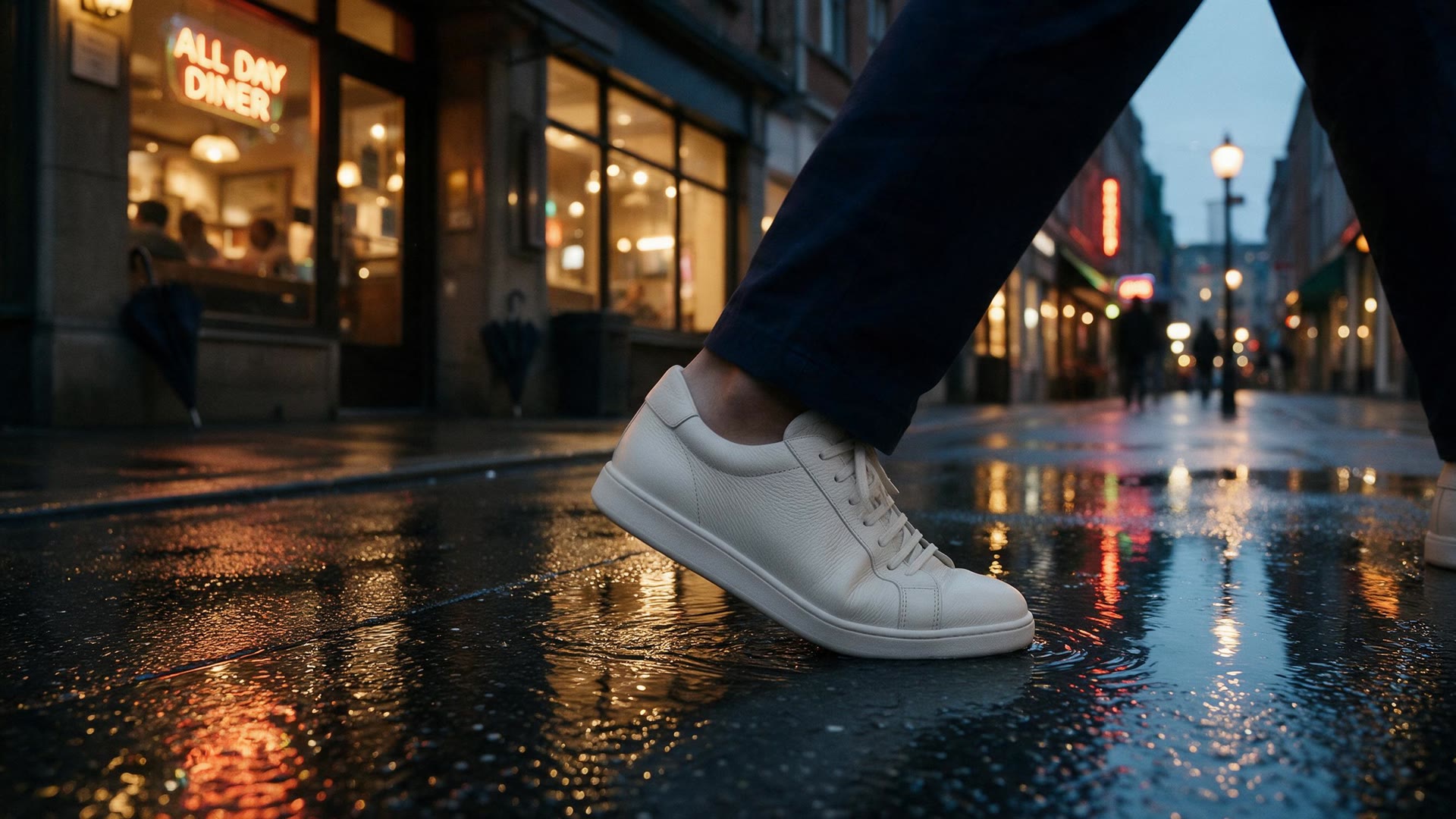 The same off-white trainer worn by someone walking on a rain-wet city street at dusk, shop lights reflected on the pavement