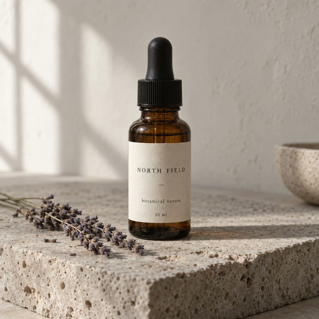 An amber glass serum bottle with a cream label reading North Field, on travertine beside a sprig of lavender