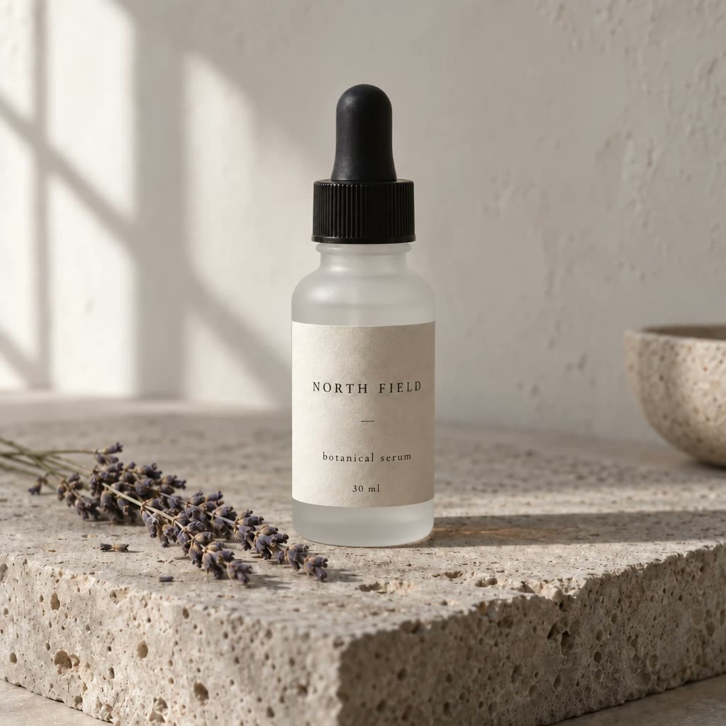 The same photograph with the bottle now in frosted white glass, the label, lavender, stone and shadow unchanged