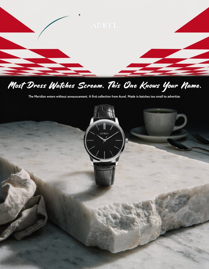 A watch on a marble plinth against a red and white checkerboard floor, with a script headline