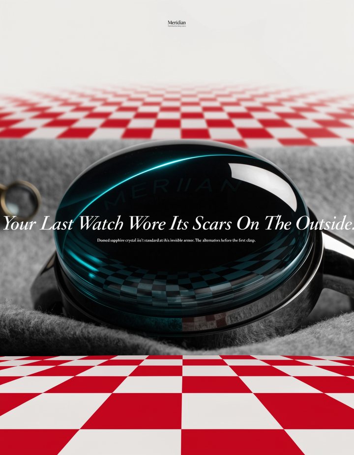 A domed sapphire crystal in close-up on a checkerboard perspective floor