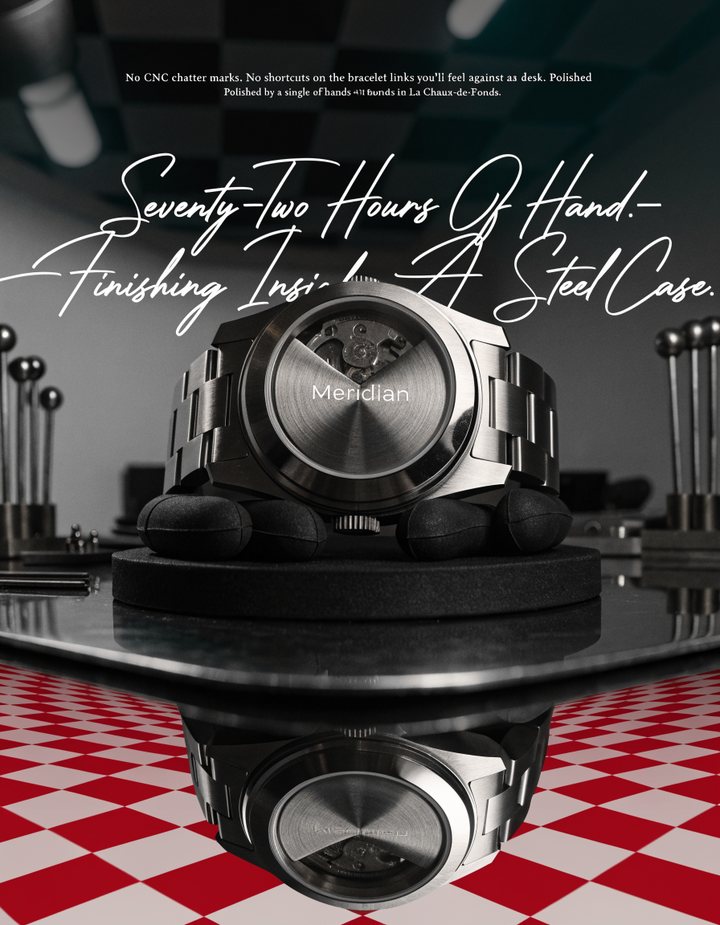 A steel watch case on a cushion, reflected in a black surface over a checkerboard