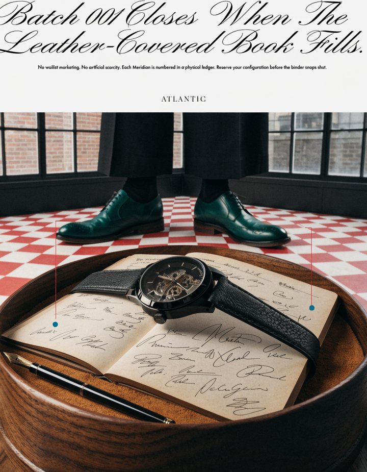 A watch resting on a ledger in a wooden bowl, green shoes behind on a checkerboard floor