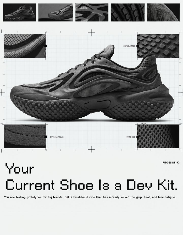 A black and white halftone sneaker on a grid with macro inset panels and a pixel headline