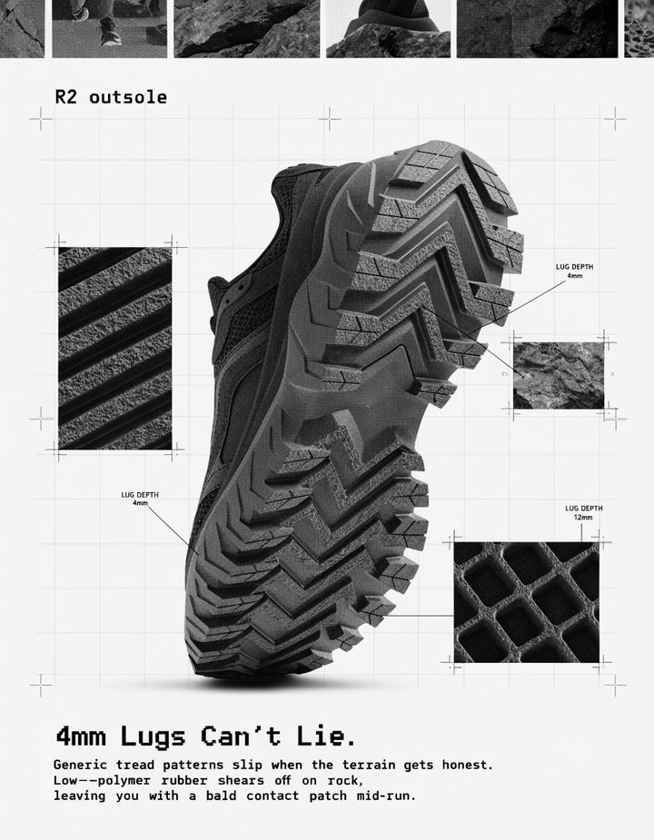 A sneaker outsole with lug depth callouts on a technical grid