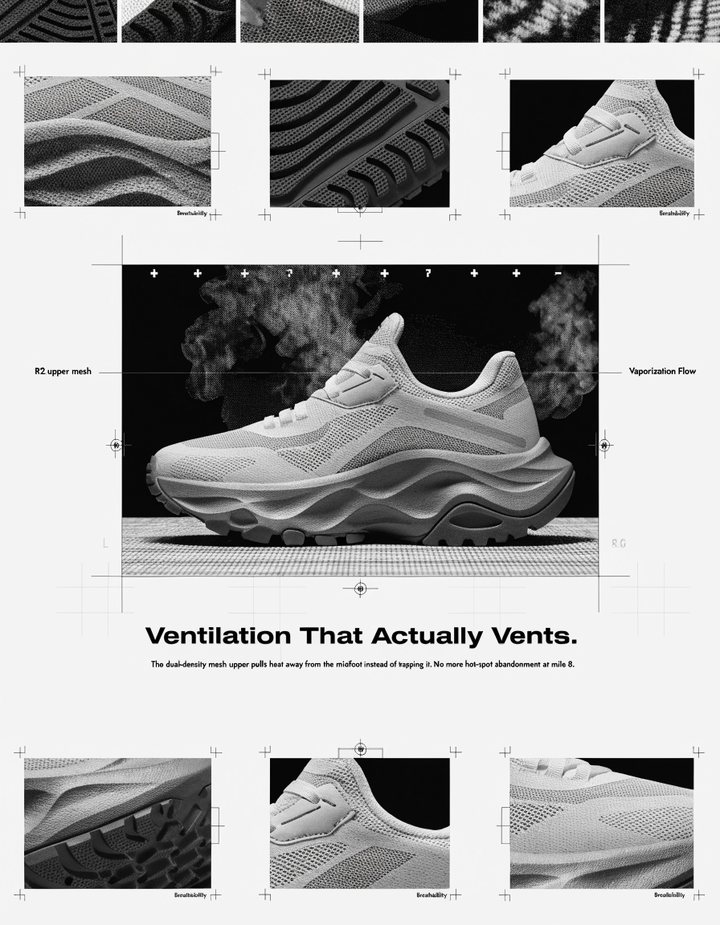 A mesh upper sneaker with ventilation callouts and macro panels