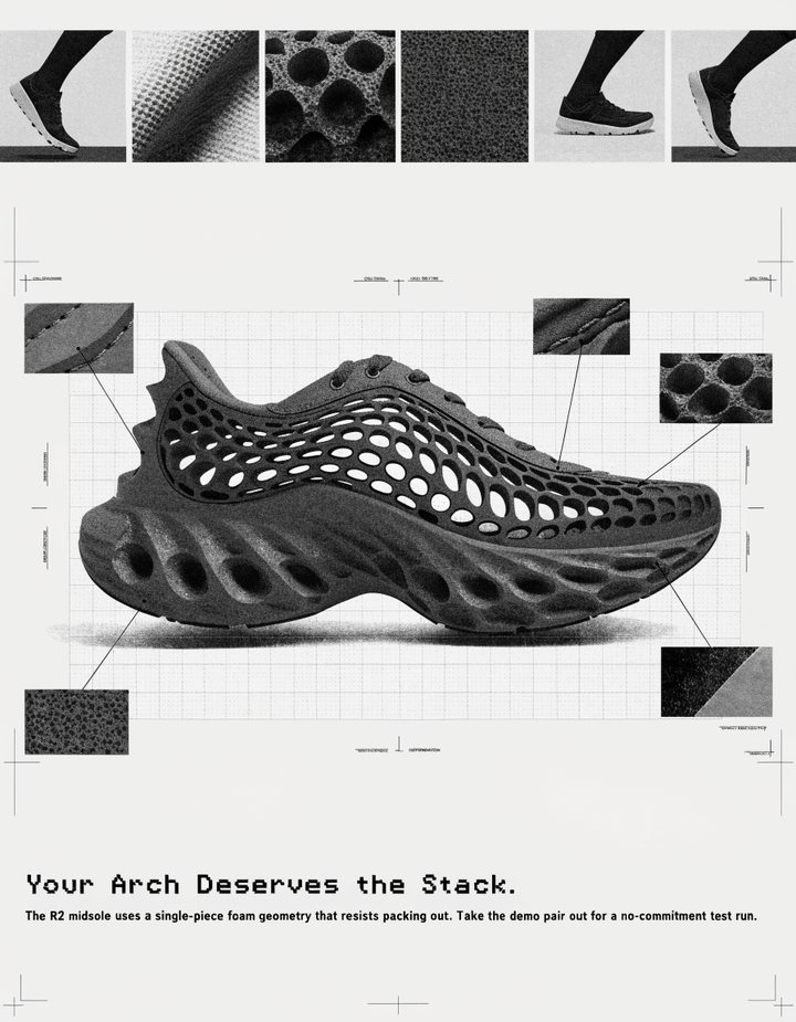 A foam midsole lattice with technical inset panels