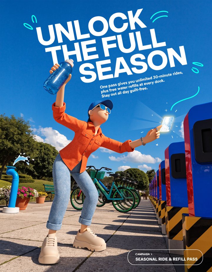 A 3D avatar holding a water bottle beside a row of bike docks
