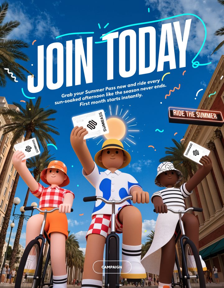 Three 3D avatars on bikes holding up summer passes under a Join Today headline