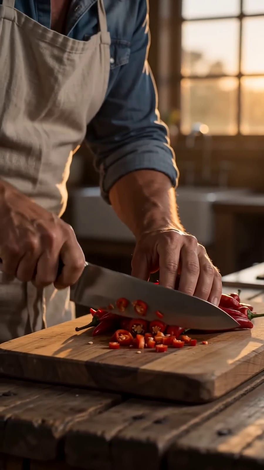 A cook in an apron smiles as he wipes his hands at golden hour on a porch.